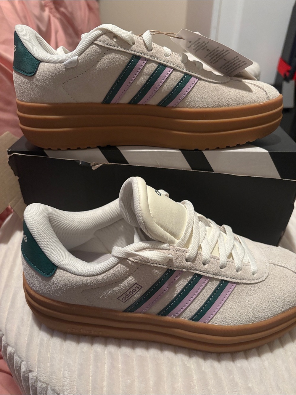 adidas Women’s White Platform Sneakers with Pink & Teal Stripes